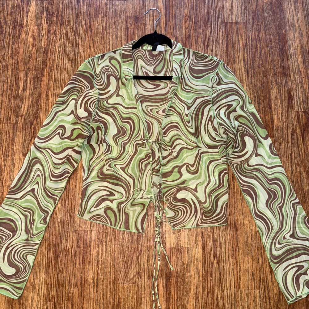 H&M Crop Top Blouse Long Sleeve Tie Front Green Brown Swirl Mesh L Forest Fairy